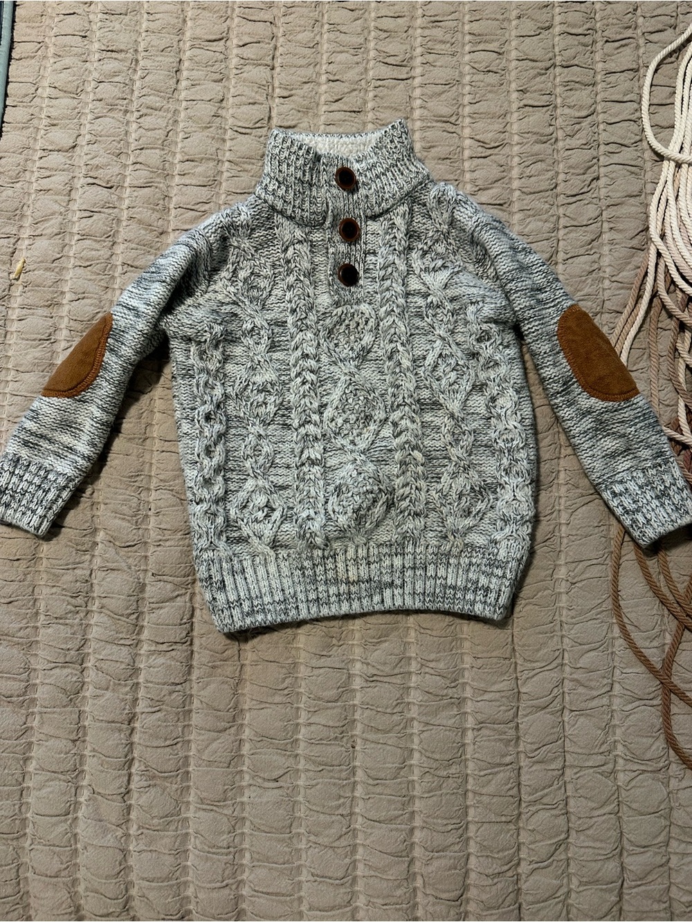 Kids Cable Knit Sweater with Button Neck and Brown Elbow Patches